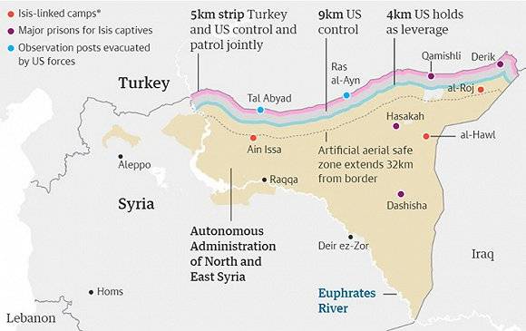 虚线为土耳其计划设立安全区边界，红点为与ISIS有关营地，紫点为ISIS囚犯主要看押地。图片来源：卫报