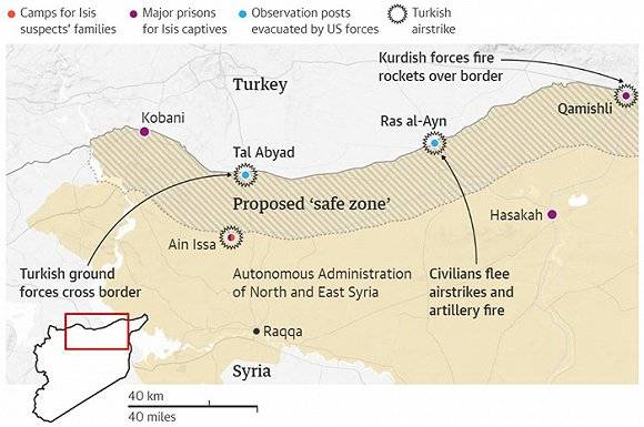 阴影为土耳其计划设立的安全区，蓝色点为美军撤退的城镇。图片来源：卫报