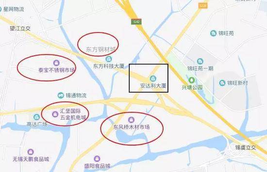 （黑色方框是本次桥梁侧翻的位置，周围至少有4个专业批发市场）