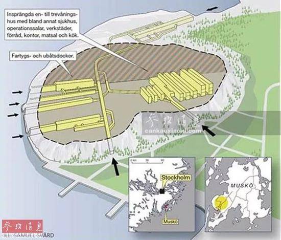 ▲穆斯克地下海军基地的占地面积达1.5万平方米，堪比40个瑞典王宫，图为该基地的分布示意图，可见多个地下船坞。