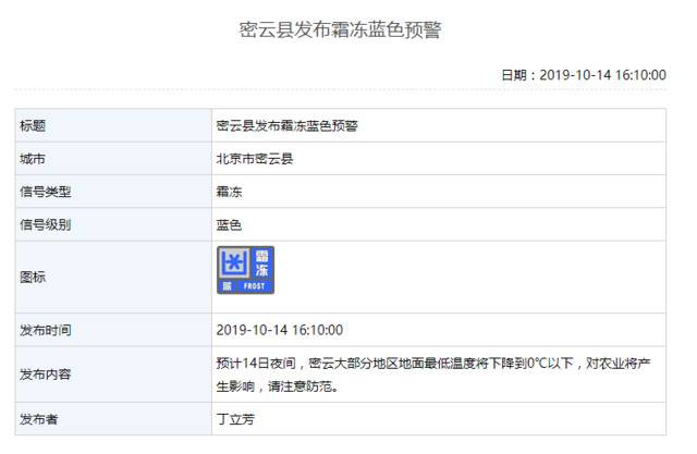 北京密云发布霜冻蓝色预警
