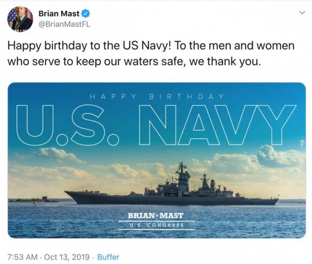 布莱恩·马斯特在社交媒体上错将俄军巡洋舰当成了美国军舰图源：社交媒体