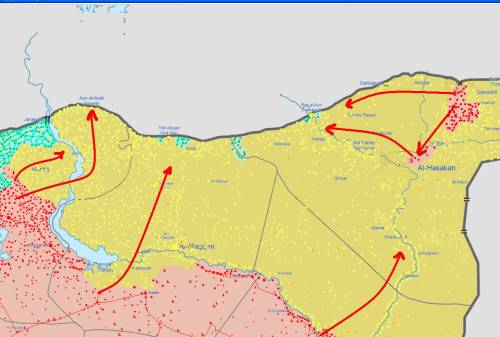 叙利亚阿拉伯陆军目前的北进路线。左边三箭头是科巴尼、曼比季还有拉卡，右边三个箭头为哈塞克省、土叙边境图源：社交媒体