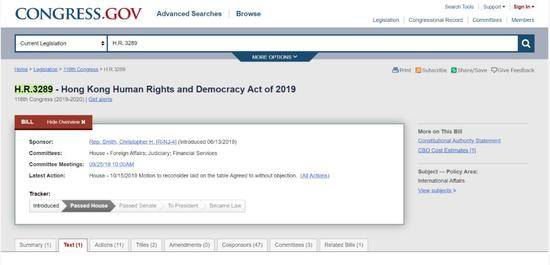 美国众议院官网《香港人权与民主法案》页面