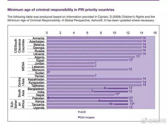 PRI重点国家的最低刑事责任年龄