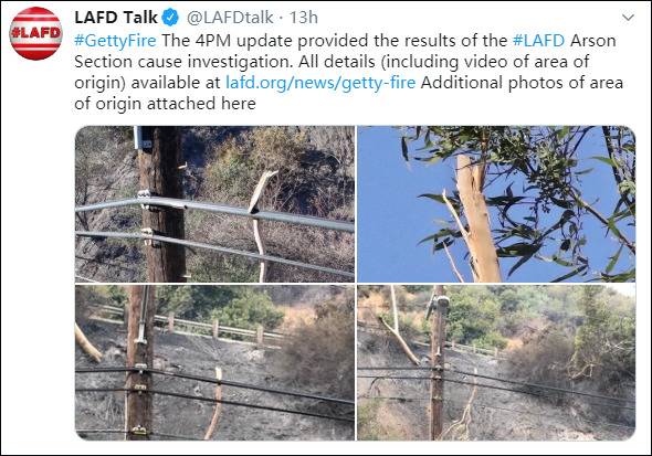 现场图片显示，火灾起因可能是一根树枝图自洛杉矶消防局推特