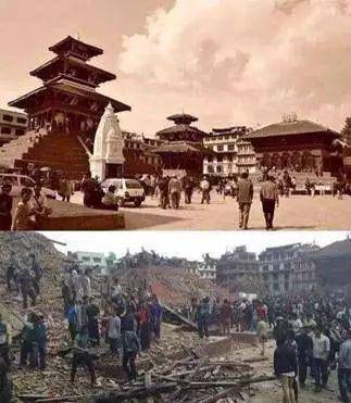 △尼泊尔“老皇宫”震前和震后的对比|图片来源：网络