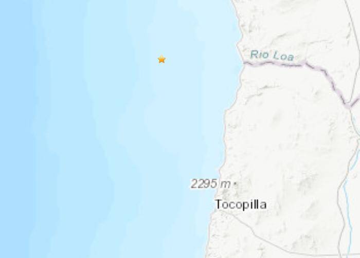 智利西部附近海域发生5.3级地震。（图片来源：美国地质勘探局网站截图）