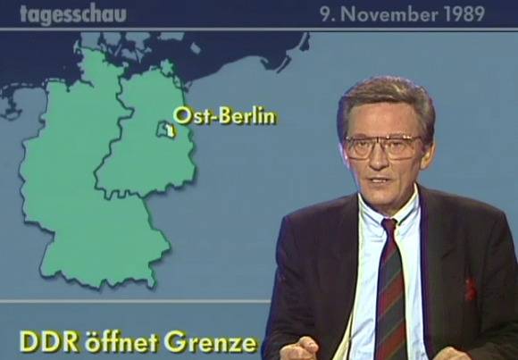  1989年11月9日夜间的德国电视一台Tagesschau节目，宣布东德开放边界。