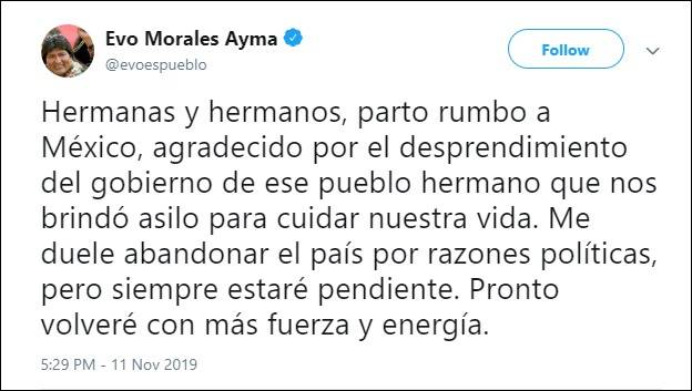 莫拉莱斯将前往墨西哥寻求政治庇护图：Twitter截图