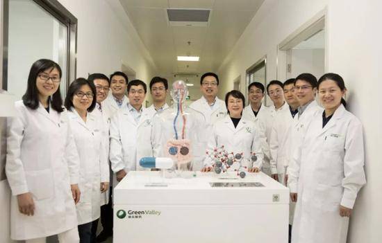 11月3日，新药主要发明人、中科院上海药物所研究员耿美玉（右六）在绿谷研究院和研究团队部分成员合影。图/新华
