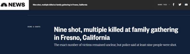 加州一家庭聚会发生枪击事件 9人中枪多人死亡