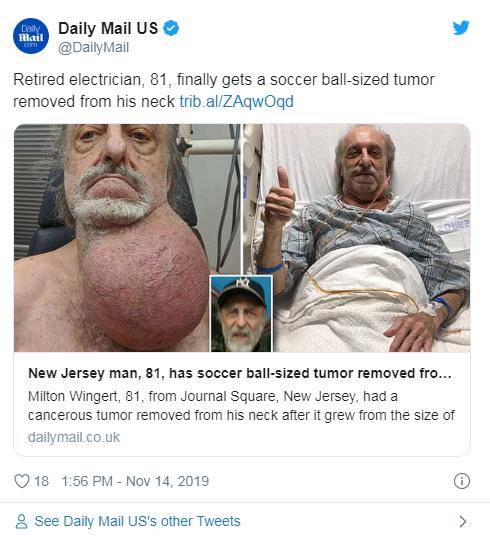 81岁老人成功切除足球大小下巴瘤 曾担心会窒息而亡