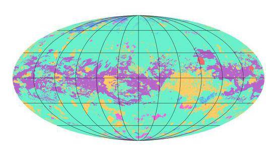 图为NASA公布的泰坦全球地质图。图片来源：NASA官网。
