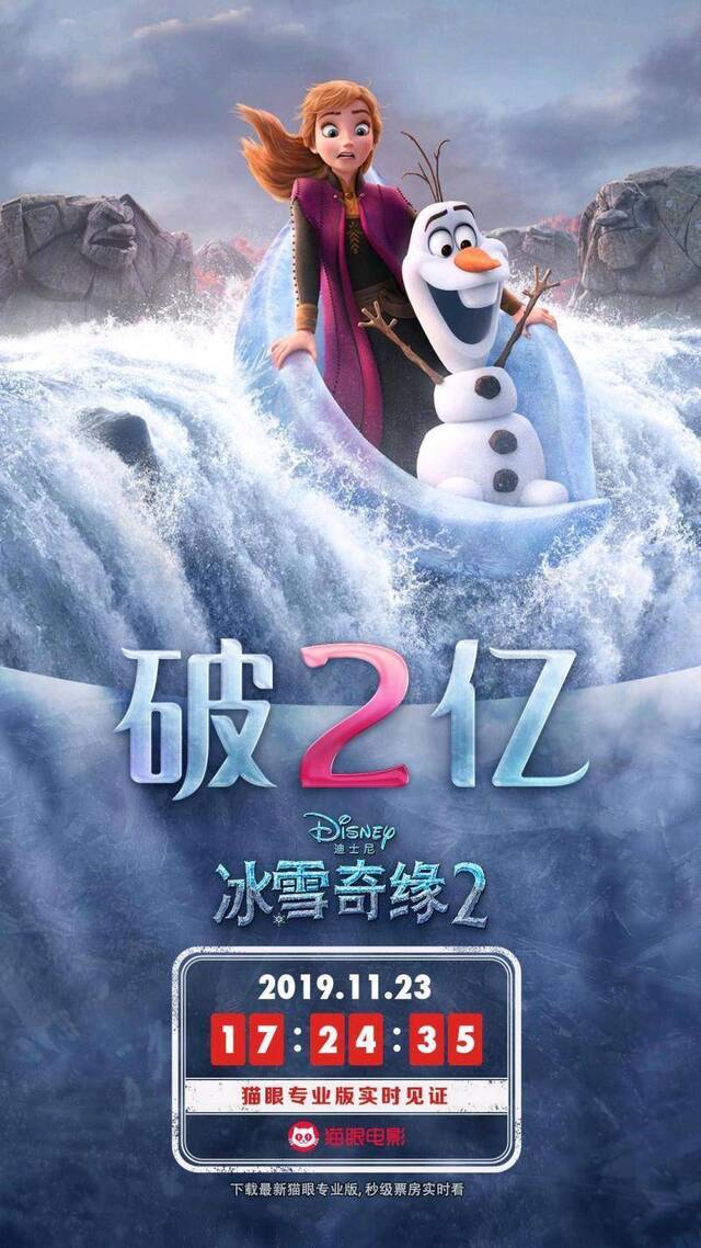 《冰雪奇缘2》内地票房破2亿，用时1天17小时24分