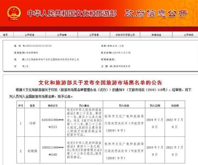 文旅部：2人被列入全国旅游市场黑名单