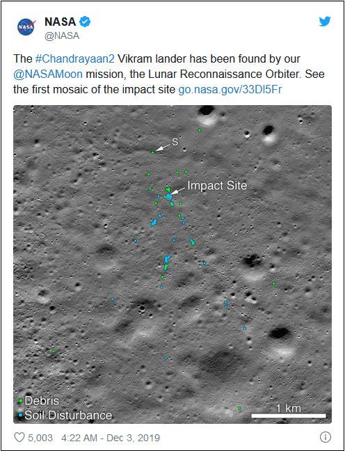 NASA周二公布的撞击点图像，其中的绿点表示碎片位置图片来源：NASA推特截图