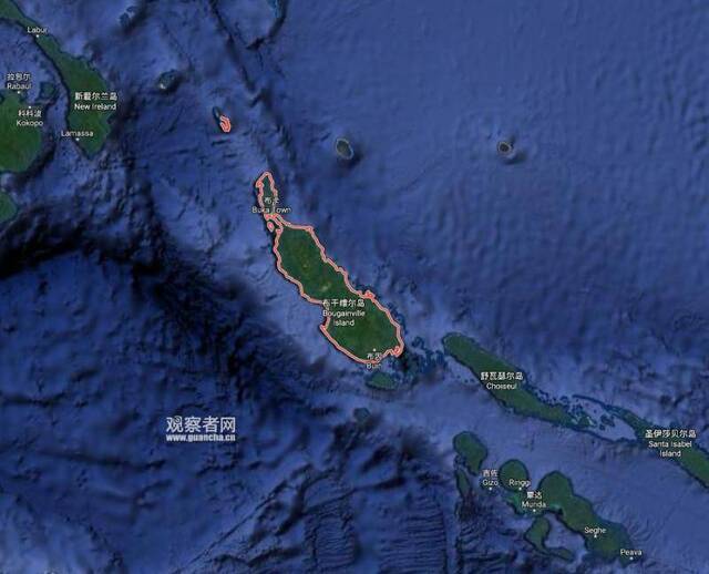 红框内为布干维尔自治区，左上为巴布亚新几内亚，右下为所罗门群岛。