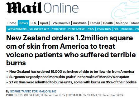 新西兰订购120万平方厘米皮肤：火山喷发多人烧伤