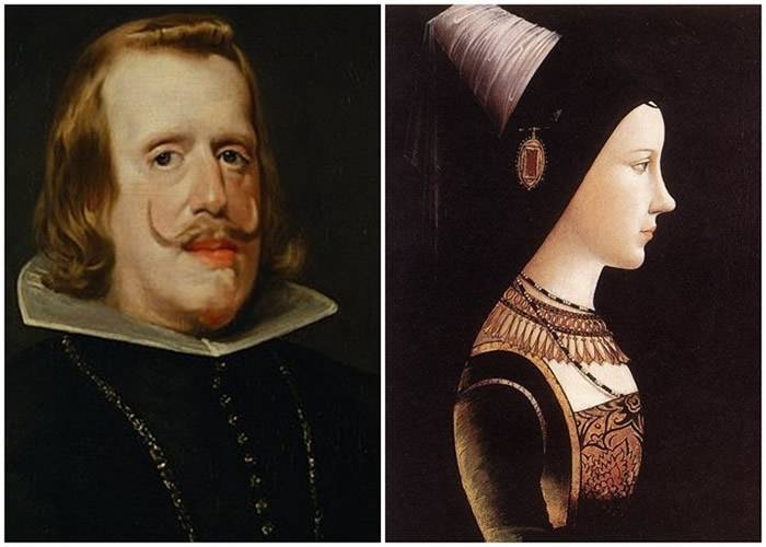 菲利普四世（左）的下颌前突程度最高，嫁入皇室的勃艮第玛丽（右）则最低。