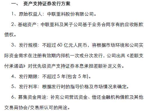 中联重科：拟发行不超60亿资产支持证券用于偿还借款等