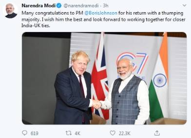 约翰逊赢得大选 印度和澳大利亚总理也来祝贺