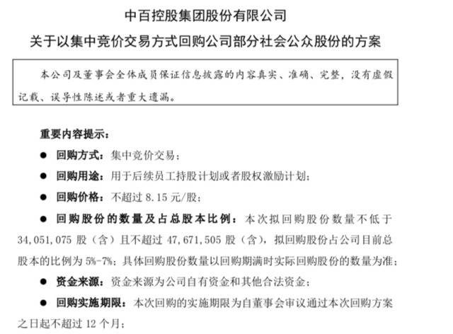 中百集团拟回购公司5%-7%股份，或用于员工持股