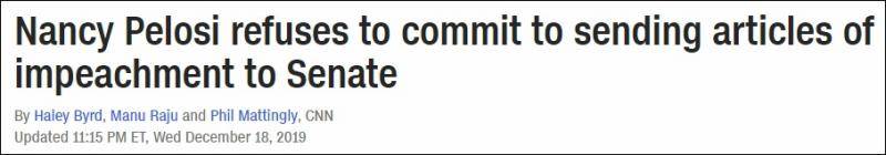 南茜·佩洛西拒绝将弹劾议案提交至参议院截图：CNN