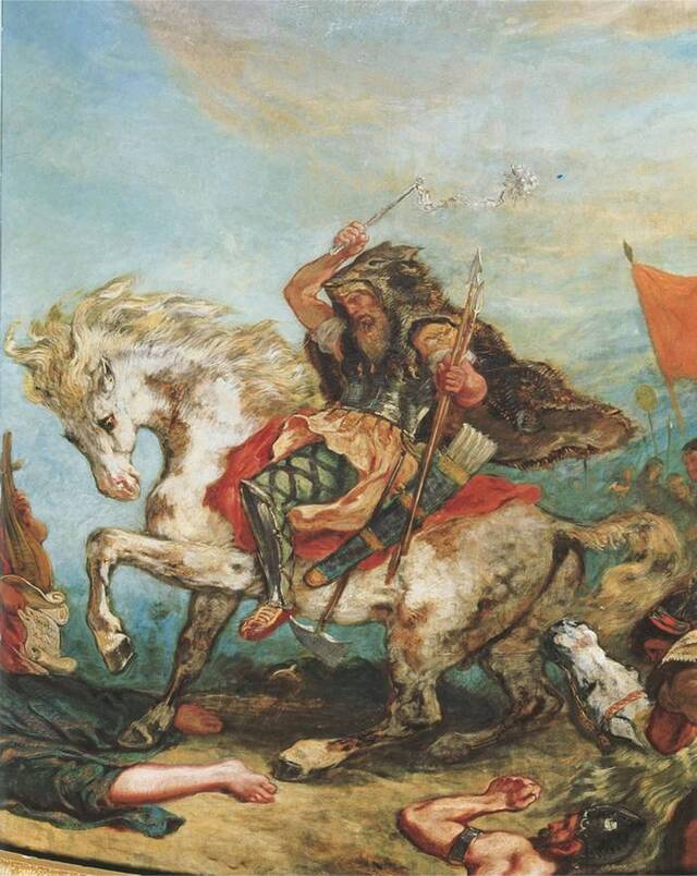 在法国画家德拉克洛瓦（Eugene Delacroix）的画作中，匈人阿提拉（Attila the Hun）与他的手下从马背上攻击敌人。 PHOTOGRAPH