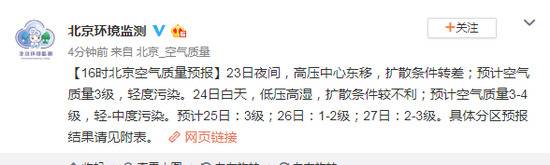 北京未来两天预计空气质量轻至中度污染