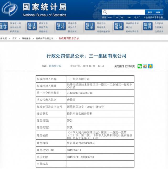 三一集团被国家统计局罚款20万 回应：因统计口径问题