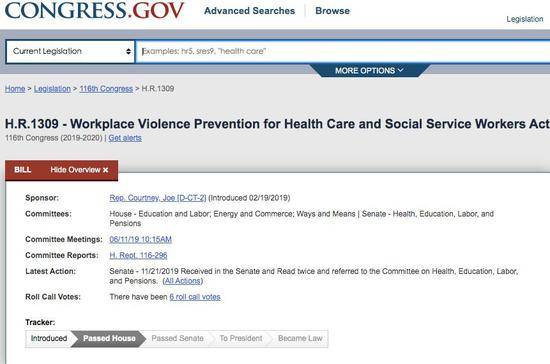《针对医疗保健和社会服务的工作场所暴力预防法》审议进度/美国国会网站截图
