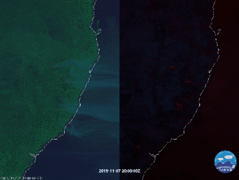 “日陆云火RGB”卫星图（左）与“火温度RGB”卫星图（右）图自 RAMMB