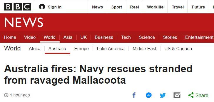 澳大利亚山火持续 海军出动两艘军舰搜救被困人员