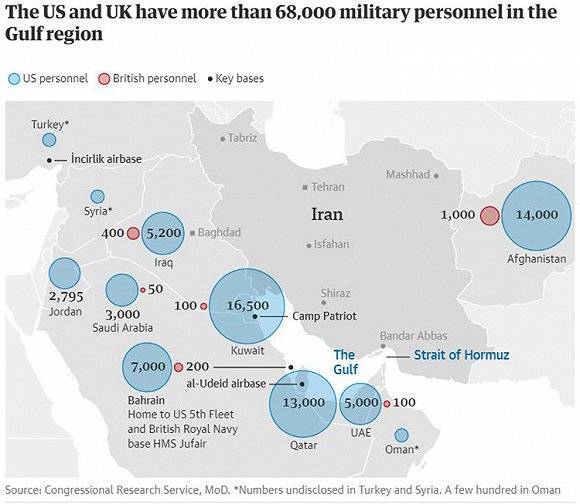 海湾地区和阿富汗的美军和英军，蓝色为美军。图片来源：卫报