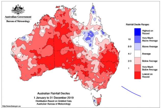 澳大利亚多地全年遭遇历史性干旱，深红色为破纪录地区