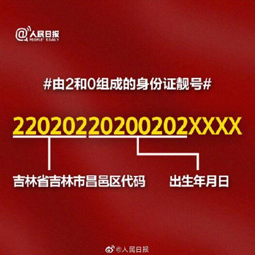 由2和0组成的身份证靓号：22020220200202XXXX