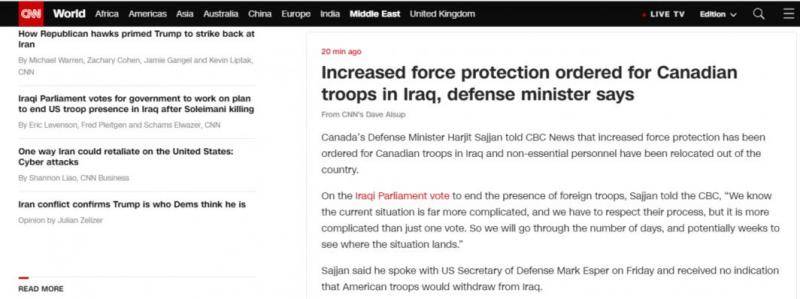 加防长：已下令加强保护驻伊拉克加拿大部队