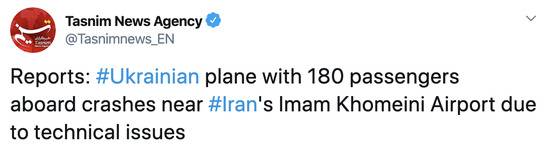 外媒:一架载180人的波音737客机在伊朗起飞后坠毁