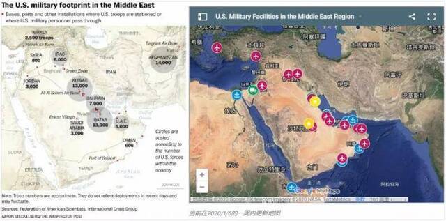 美国军事设施与兵力在中东的部署图源：华盛顿邮报、美军安全项目组织官网
