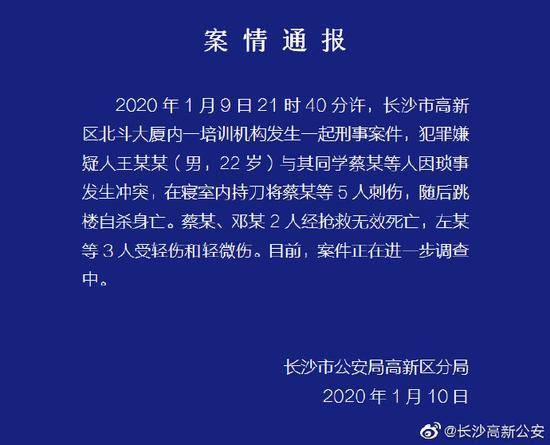 长沙培训机构男子刀刺同学致2死3伤 跳楼自杀身亡