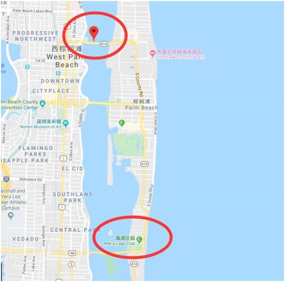 该男子被捕地点与海湖庄园位置示意/截图自谷歌地图