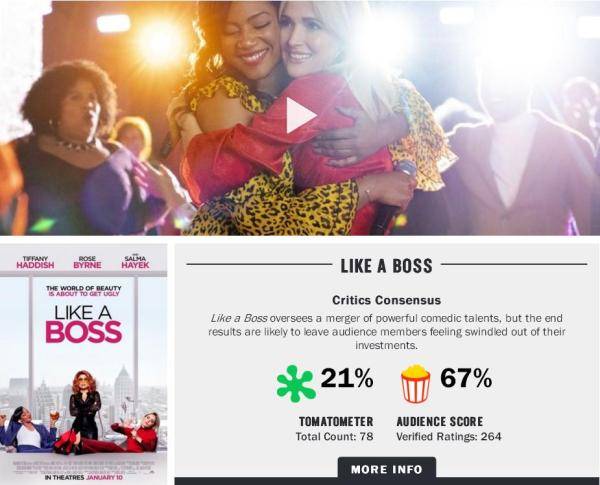 限制级喜剧电影《姐妹老板》在“烂番茄”上仅有21%影评人好评度