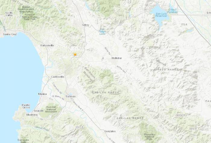 美国萨利纳斯北部地区发生3.3级地震。(图片来源：美国地质勘探局网站截图)