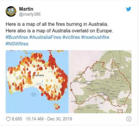 推特网友转发MyFireWatch网站发布的火势地图。/推特