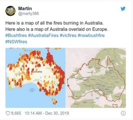 ▲推特网友转发MyFireWatch网站发布的火势地图。图/推特