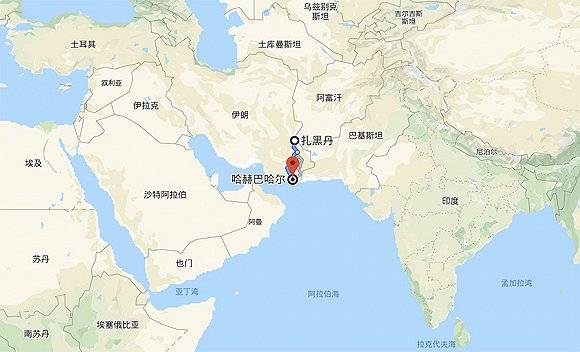 红点为恰巴哈尔，上方为扎黑丹，两地相距600余公里