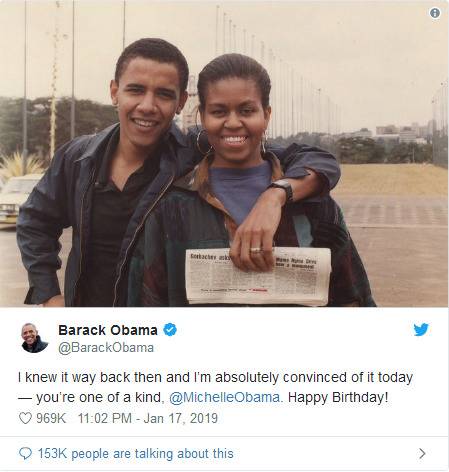 奥巴马在妻子55岁生日，也曾深情表白。