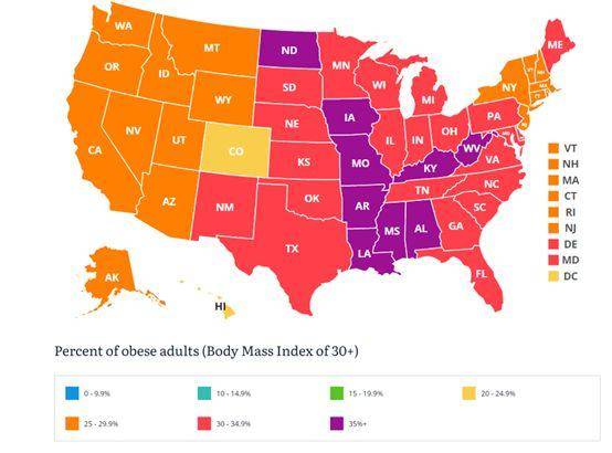 ▲美国成年人肥胖率统计，数据源于统计机构State of Childhood Obesity