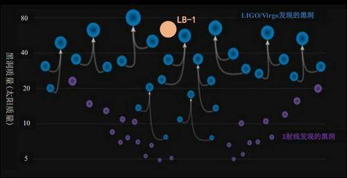 图为LB-1和引力波并合事件、X射线方法发现的黑洞的质量分布。图片来源：中国科学院国家天文台官网